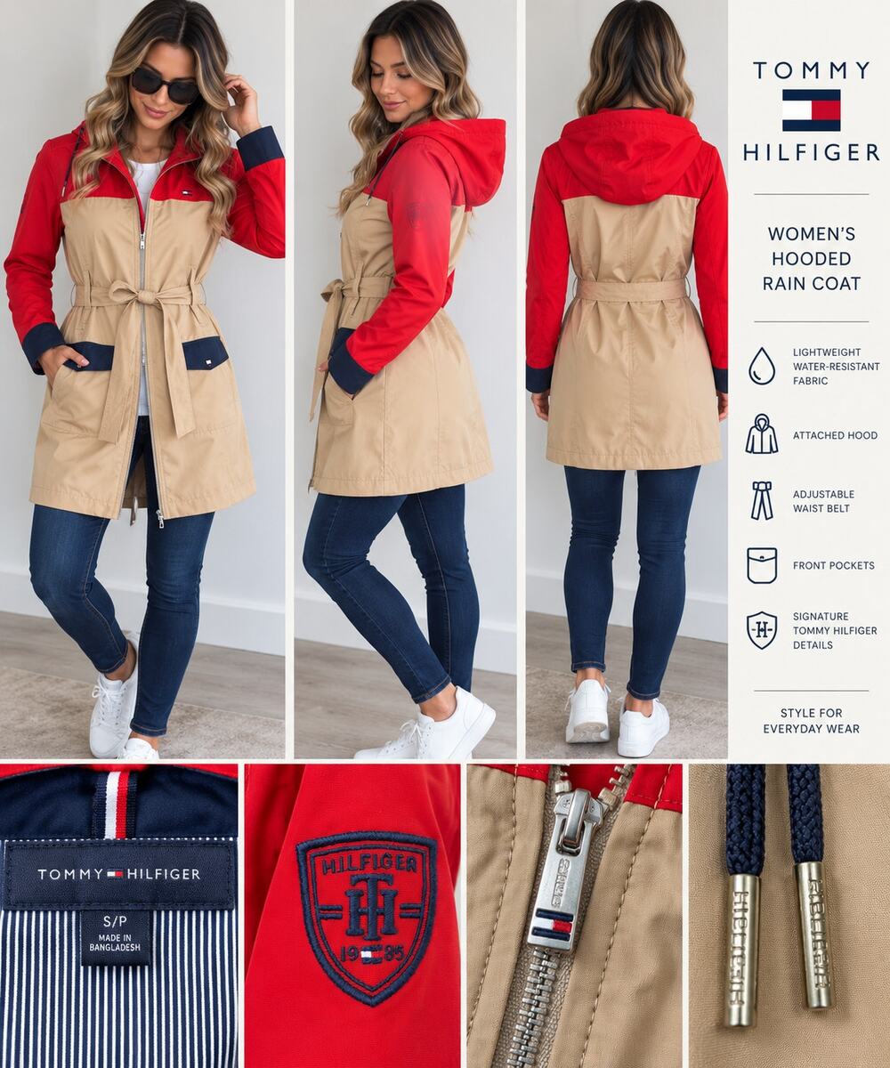 Tommy Hilfiger Women’s Colorblock Belted Hooded Rain Coat Red Tan Navy S/P